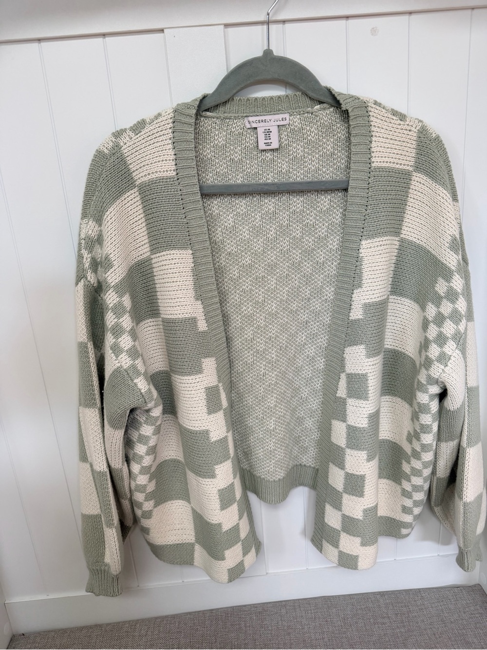 Sincerely Jules Sage & Cream Checkerboard Open Cardigan